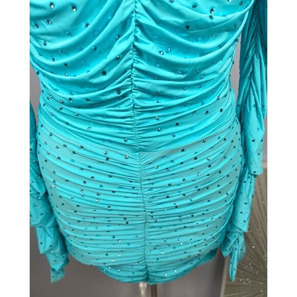Alex Perry Crystal Embellished Ruched Jersey Long Sleeve Blue Mini Dress Sz 2 - Picture 7 of 13